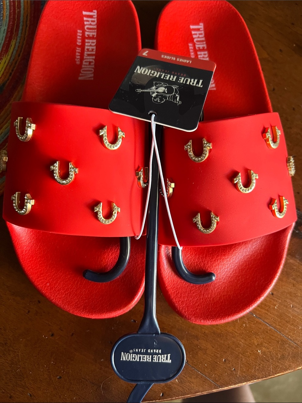 True Religion Red Slide Sandals with Gold Horsehoe Studs - Picture 2 of 5
